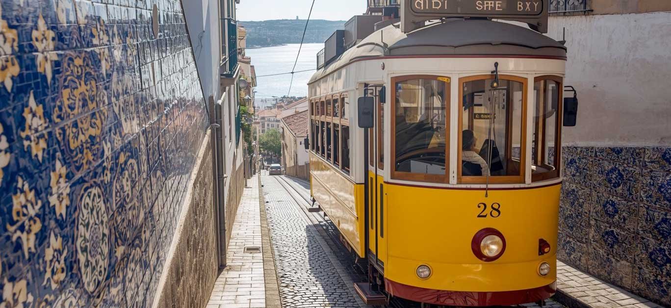 Classic yellow No 28 tram climbing a steep narrow street in Lisbon
